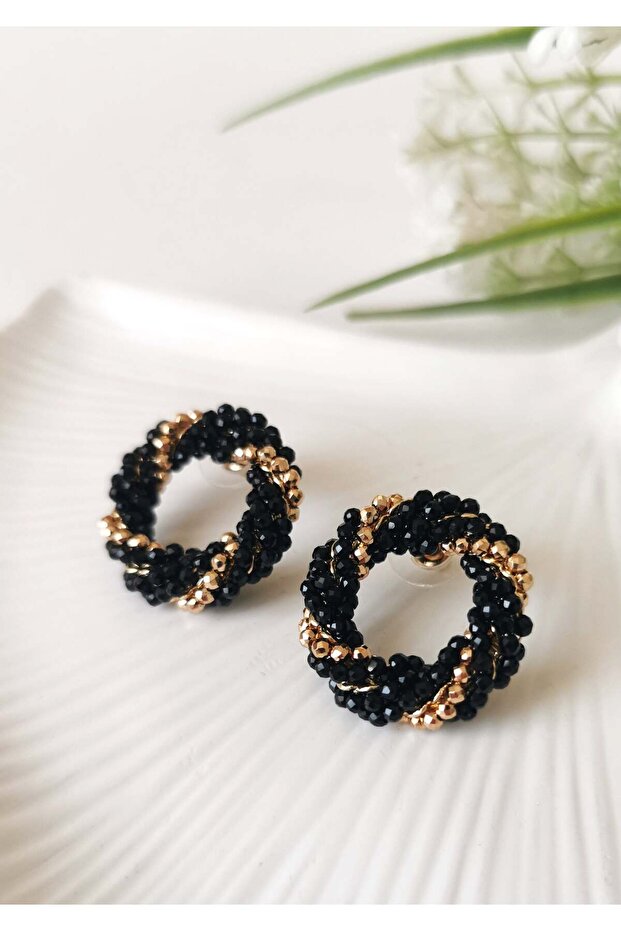 Black Rose Gold Beaded Hoop Earrings 2.5 cm