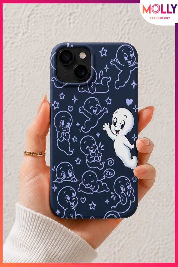 Dark Blue Ghost Casper Night Joy Patterned Velvet Inside Silicone Case for iPhone 13/14