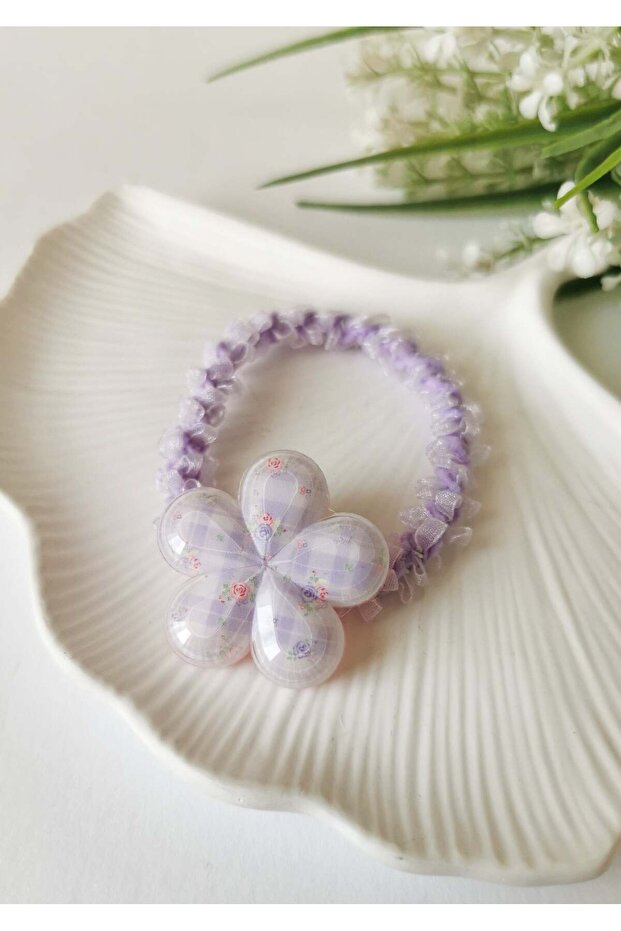 Lilac Flower Patterned Pastel Elastic Hair Clip
