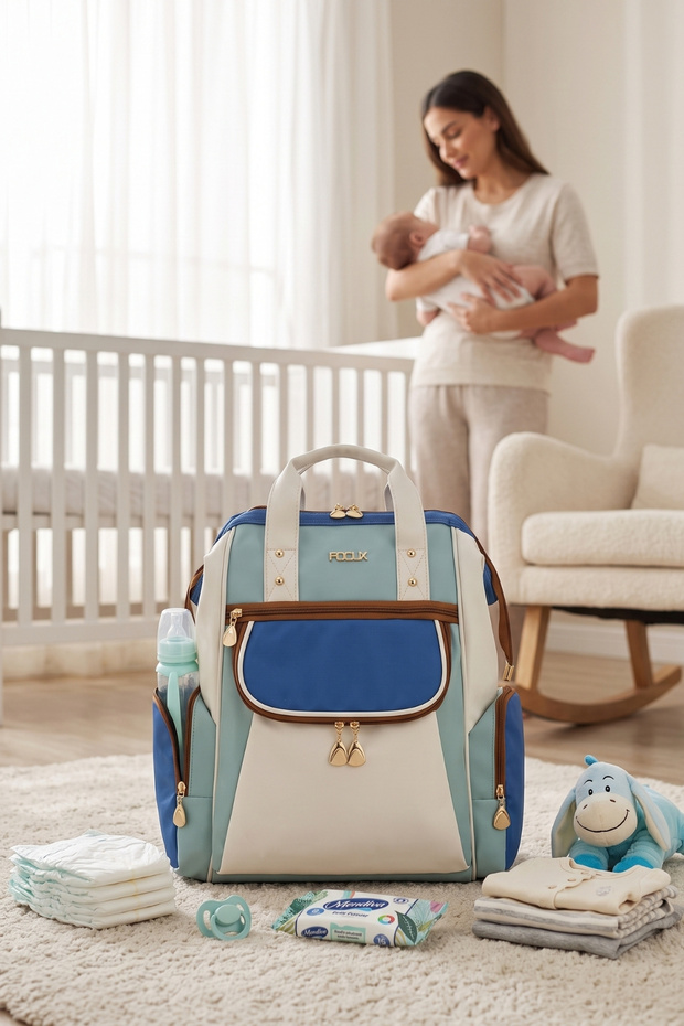 Focux Premium Fabric Mother Baby Care Bag Blue