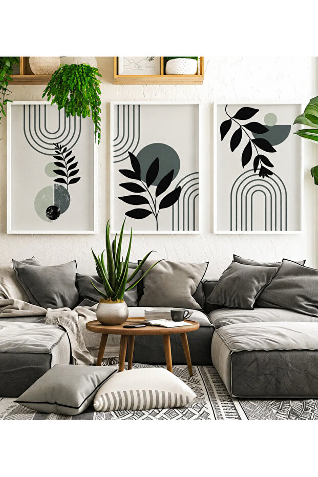 Natural Wood Framed 3-Piece Botanical Abstract Modern Leaf Pattern Decorative Wall Decor Painting Set for Living Room Living Bedroom Kitchen