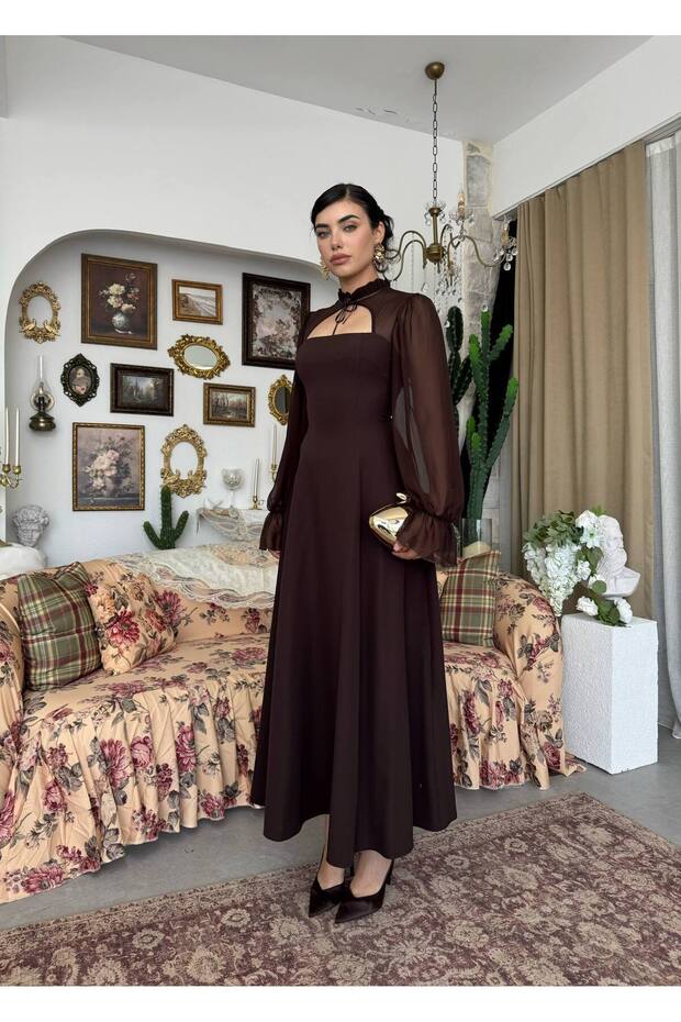 Women's Tulle Sleeve Tie Detailed Midi Dress