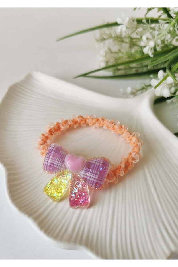 Orange Elastic Hair Tie with Plaid Bow and Heart Detail