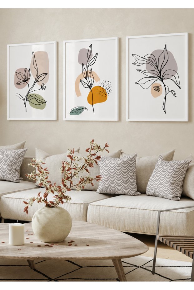 Natural Wood Framed Set of 3 Modern Botanical Linear Flower Paintings Wall Decor for Living Room Living Bedroom Kitchen