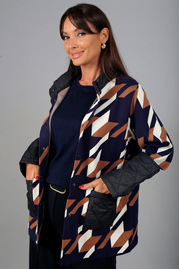 Women's Geometric Patterned Front Snap Button Hooded Detailed Pocketed Plus Size Knitwear Cardigan