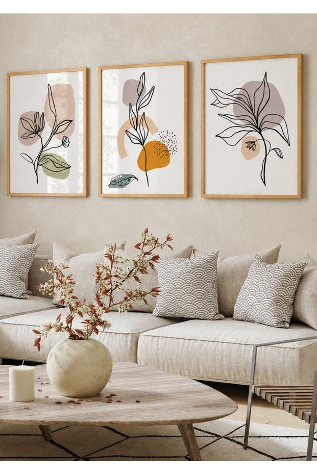 Natural Wood Framed Set of 3 Modern Botanical Linear Flower Paintings Wall Decor for Living Room Living Bedroom Kitchen