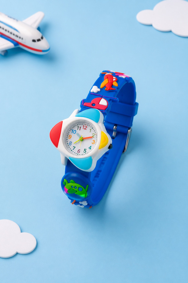 Blue New Children's Airplane Figured Silicone Strap Lighted Wristwatch - Boy's Toy Gift Wristwatch (Without Box)