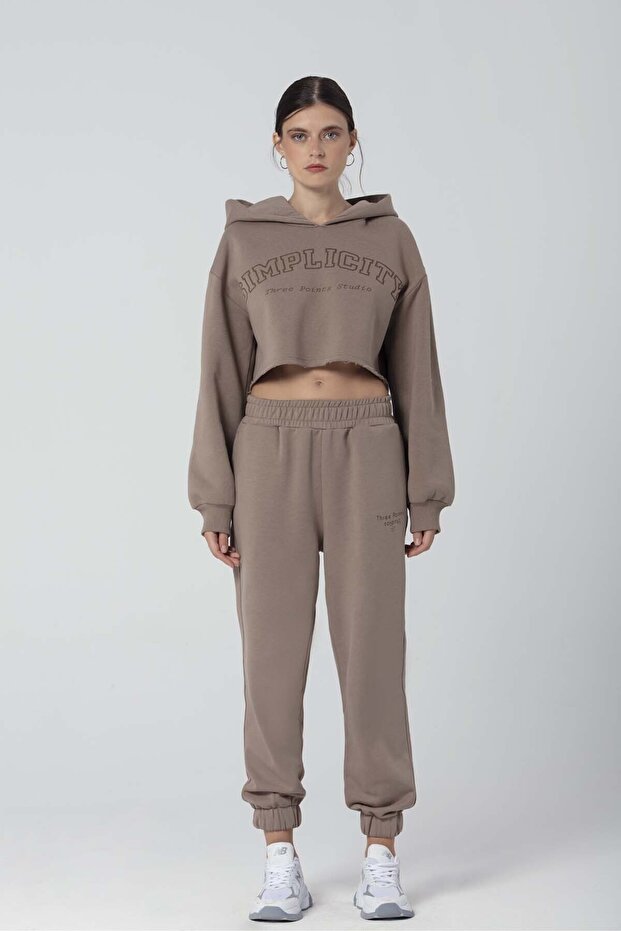Brown Simplicity Hooded Crop Sweatshirt