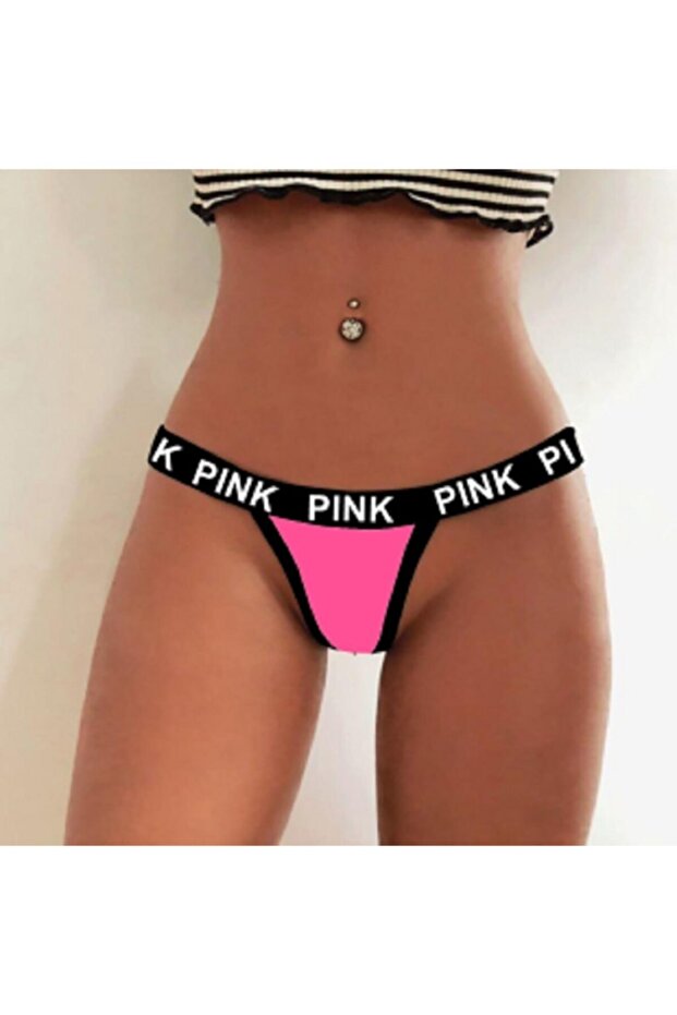 Tanga-string neon roz cu banda elastică elastică imprimată în roz în talie, 581 - 1