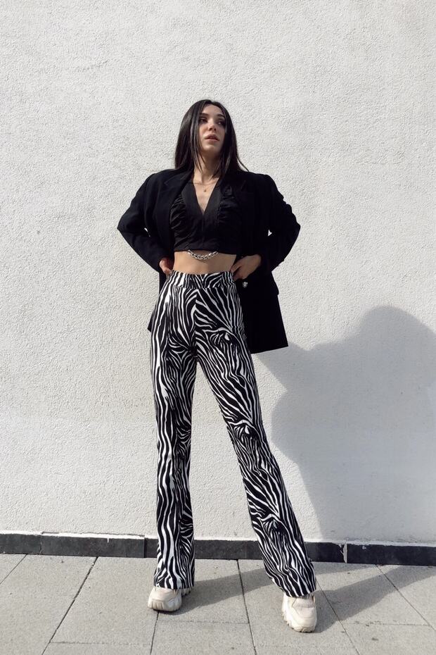Kadın Zebra Desen Yüksek Bel Süet Ispanyol Paça Pantolon - 5
