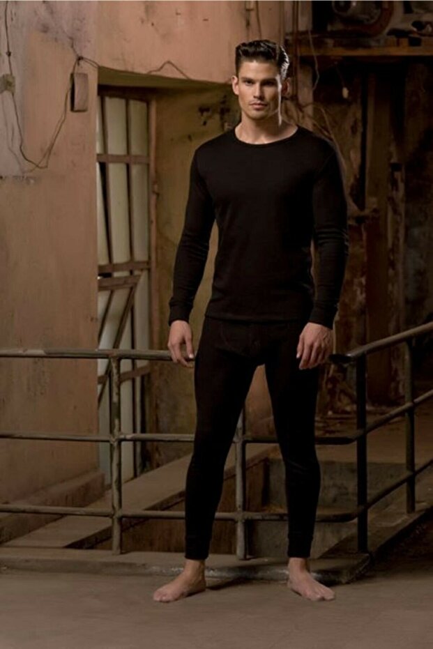 Black Men's Thermal Suit, Top and Bottom Set & Emir Winter Thick Socks with Gift