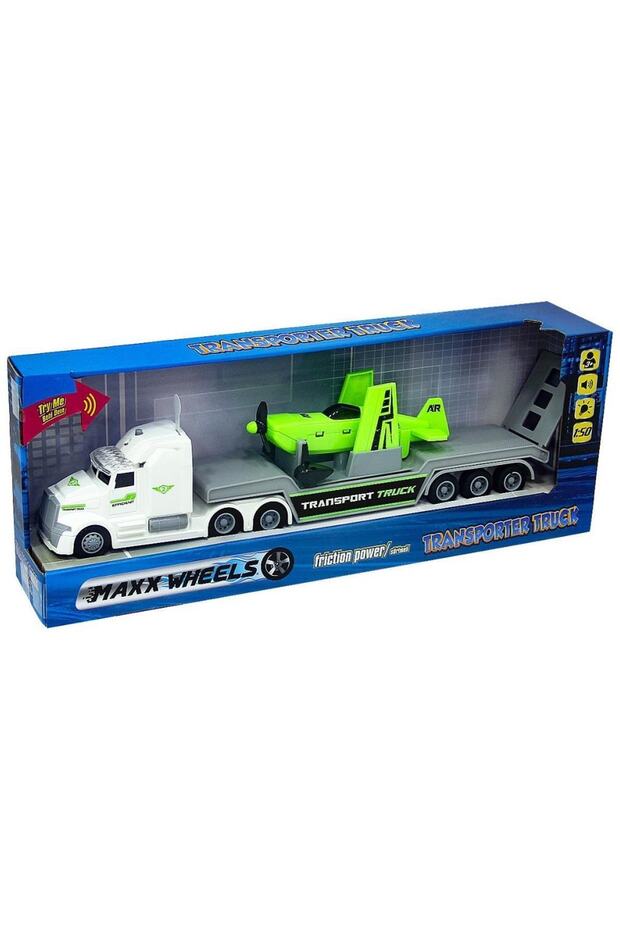 1:50 Maxx Wheels Sesli Ve Işıklı Taşıyıcı Tır 23198 Sarı Tır Sarı Uçak - 5