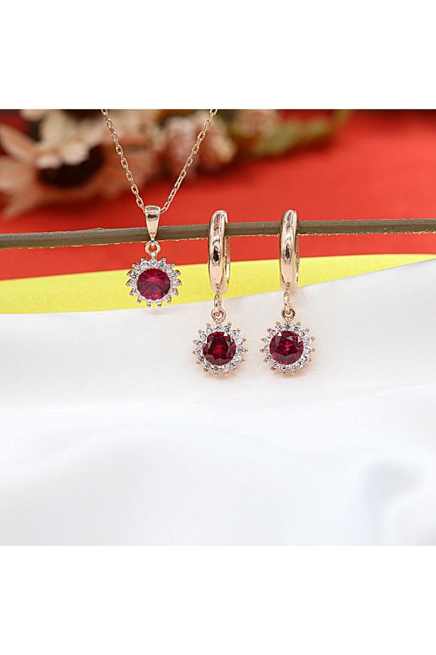 Kırmızı Beyaz Taşlı Minimal Anturaj Yuvarlak Gümüş Kolye Küpe Takım - 1