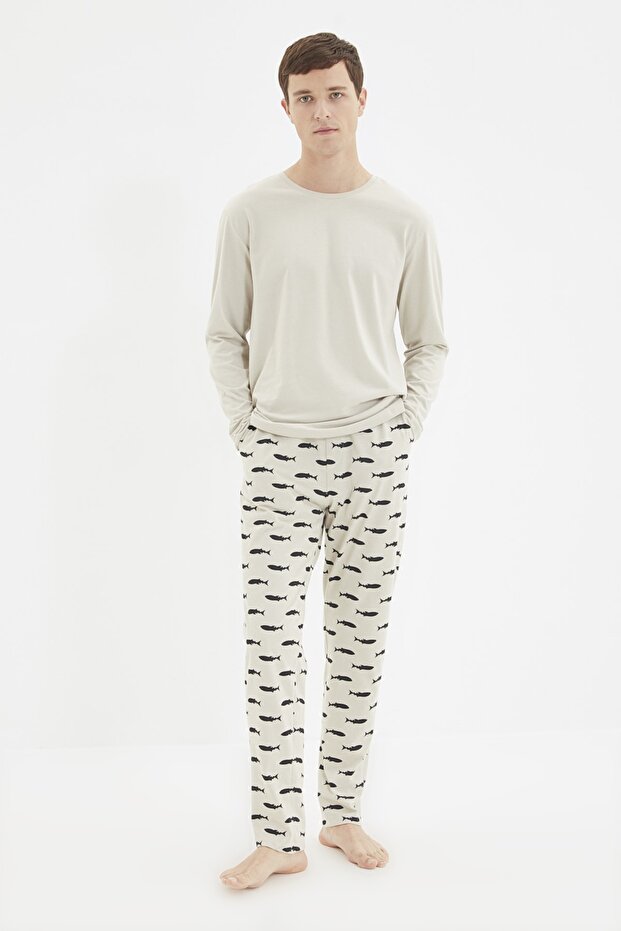 Bej Regular Fit Baskılı Örme %100 Pamuk Pijama Takımı TMNAW22PT1069 - 1