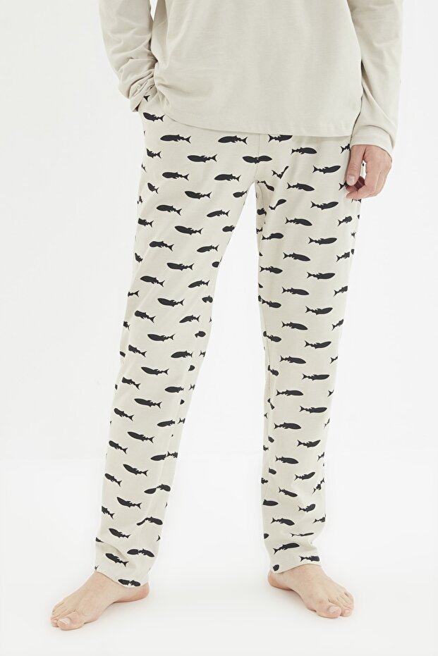 Bej Regular Fit Baskılı Örme %100 Pamuk Pijama Takımı TMNAW22PT1069 - 2