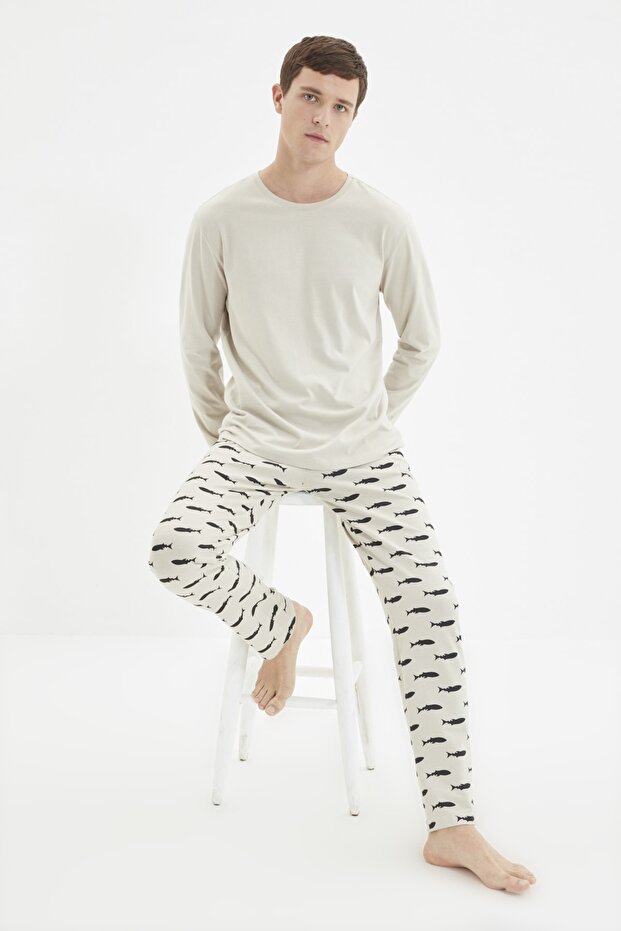 Bej Regular Fit Baskılı Örme %100 Pamuk Pijama Takımı TMNAW22PT1069 - 4