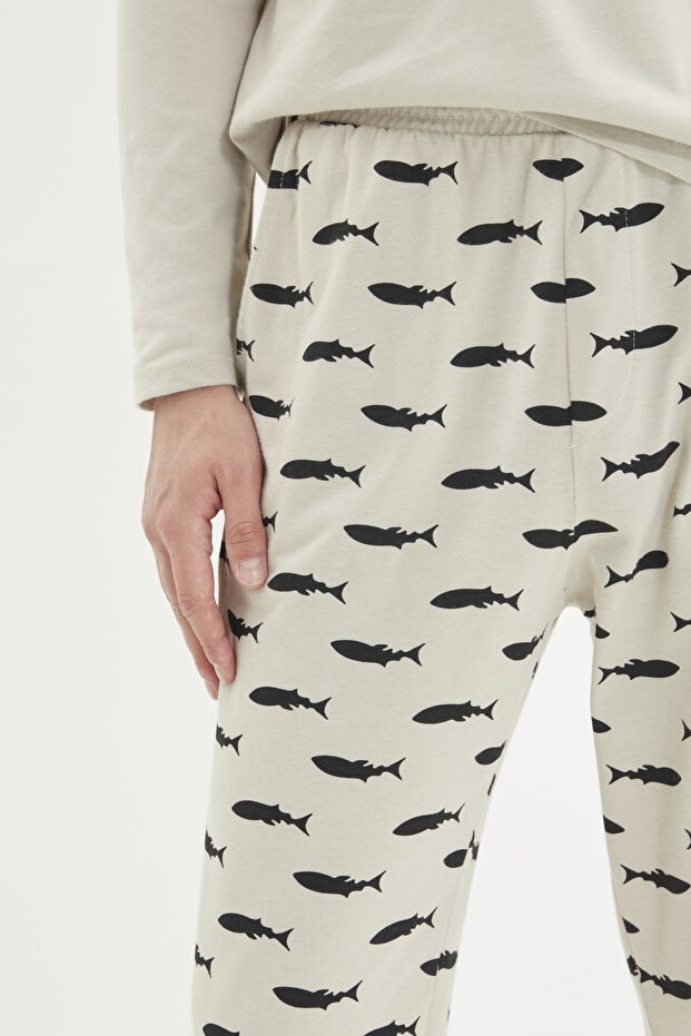 Bej Regular Fit Baskılı Örme %100 Pamuk Pijama Takımı TMNAW22PT1069 - 5
