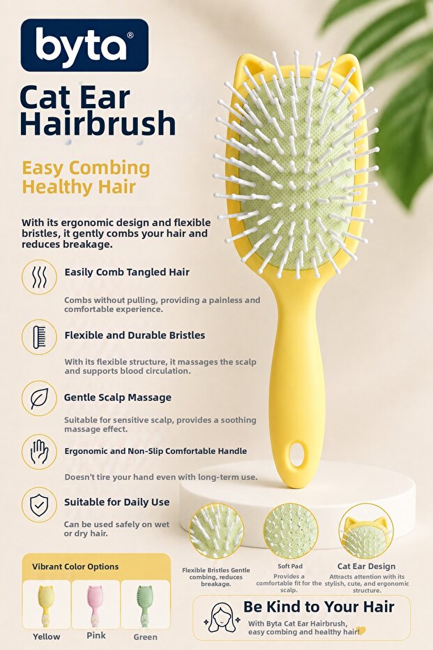 Cat Ear Hair Brush – Flexible Tip Detangler, Ergonomic Comb with Scalp Massage Effect