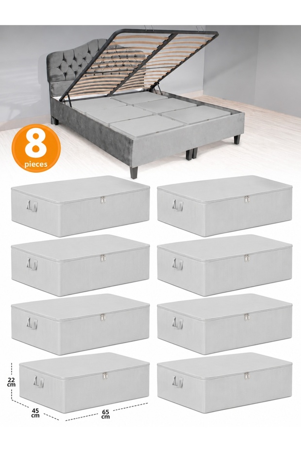8 Pieces - Anthracite Striped Large Size under Bed and Sofa Bed Type Storage Box 65 X 45 X 22 cm