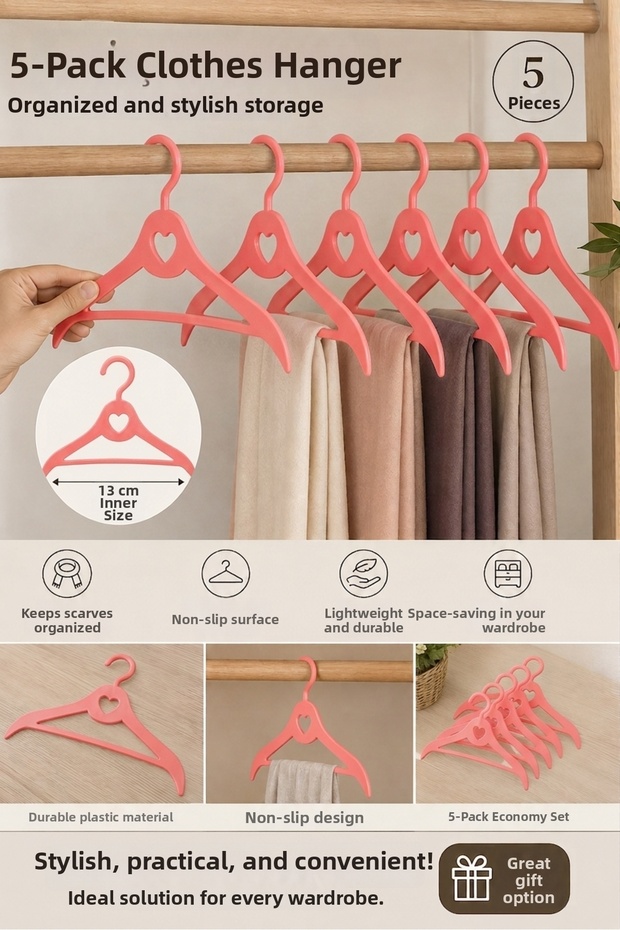Pack of 5 Shawl Hangers Non-Slip Surface Closet Organizer Multi-Purpose Heart Design Hanger