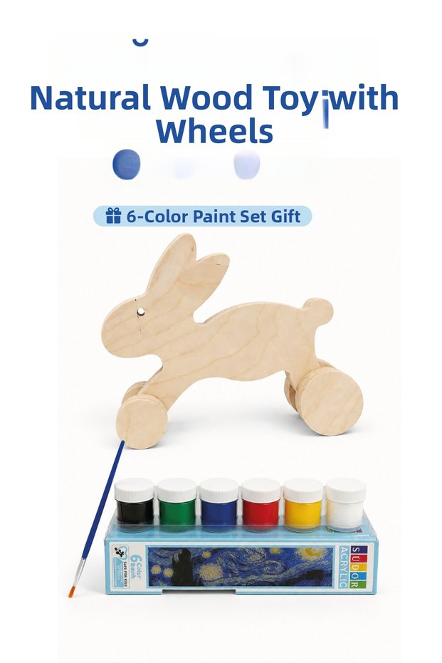Wooden Rabbit Toy Natural Handmade Paintable Educational Toy + 6-Piece Paint Set Gift