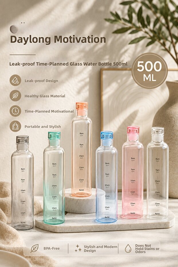Leak-Proof Timed Glass Water Bottle 500 ml Motivational Flask 1 Piece