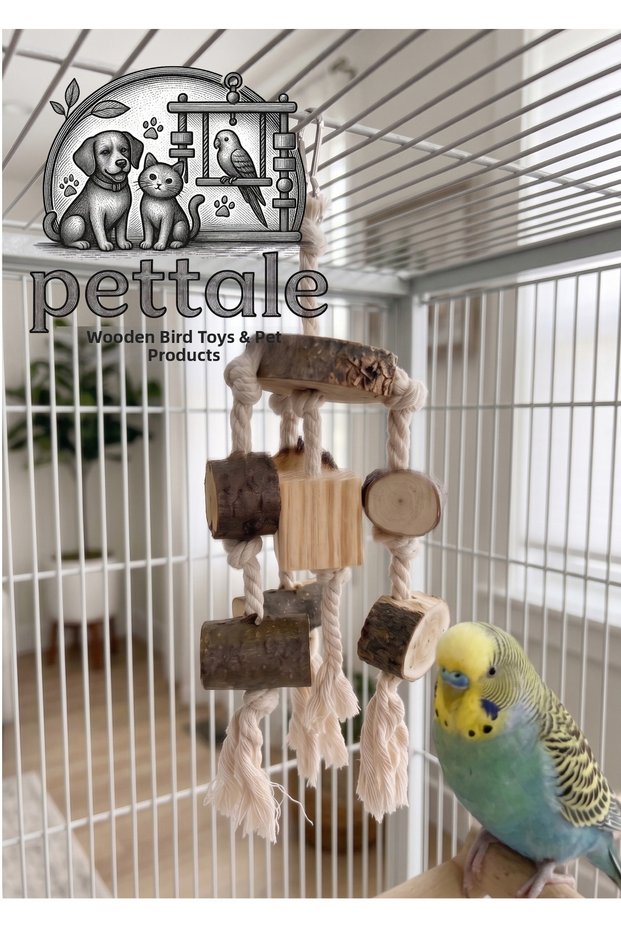 Natural Wood and Cotton Rope Bird Toy - Parakeet and Cockatiel Biting and Nibbling Toy