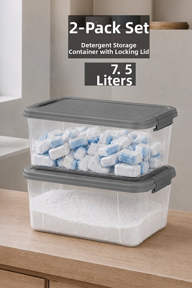 2-Pack 7.5Lt Elora Organizer Box - Bathroom Organizer Powder Tablet Detergent Storage Box Gray