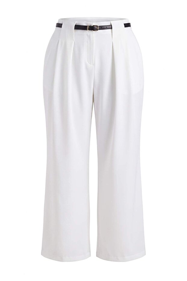 Ecru Black Belted Wide Leg Plus Size Trousers Tbbaw27Ar00021