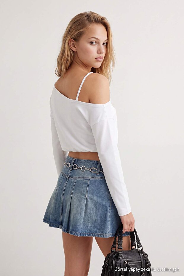 Ekru Omuz Detaylı Asimetrik Yaka Oversize/Geniş Kesim Beli Lastikli Örme Sweatshirt TWOAW27SW00080
