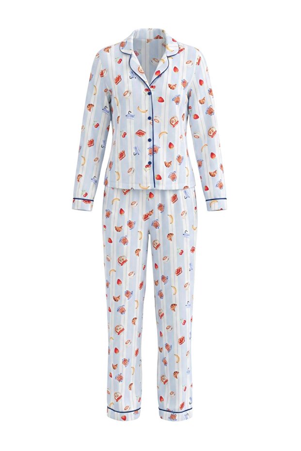 Multi Color 100% Cotton Bias Leisure Patterned Knitted Pajamas Set Thmaw27Pt00100