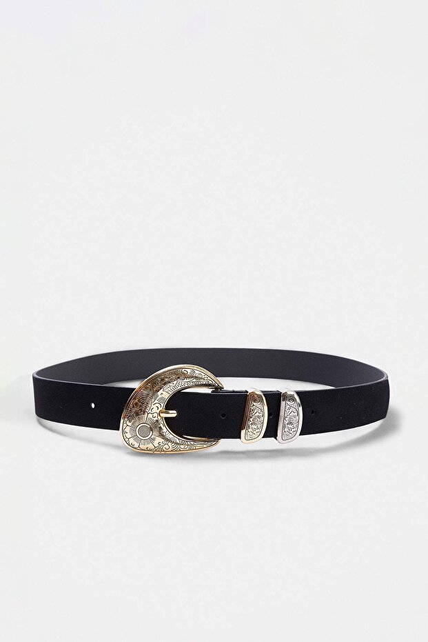 Black Women's Belt with Silver Buckle Takaw27Ke00018