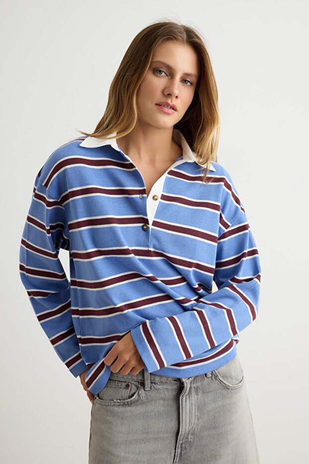 Kahverengi Bej Çizgili Oversize/Geniş Kesim Polo Yaka Örme Sweatshirt TWOAW27SW00139