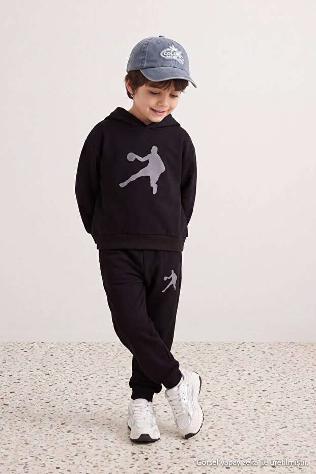 Black Hooded Printed Thick Non-Embossed Boys' Sweatshirt and Sweatpants Settkdaw27Au00022