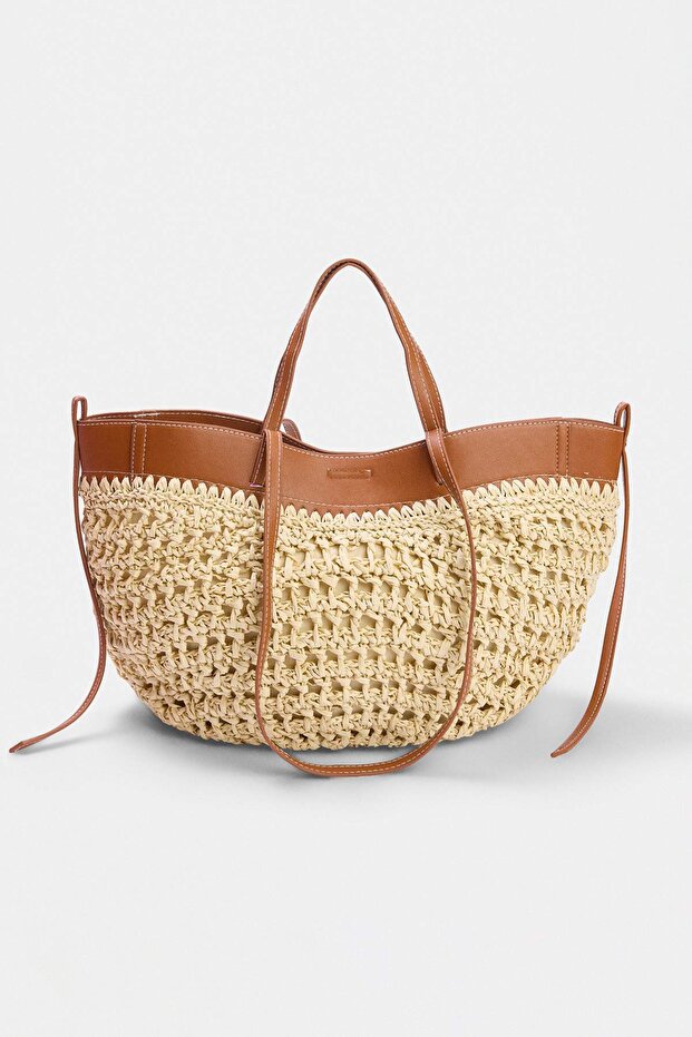 Beige Wicker Medium Size Women's Shoulder Bag Takss26Oc00015