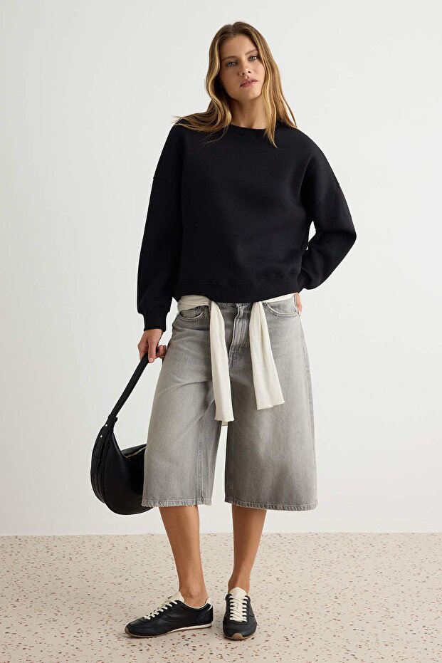 Black Thick Fleece Lined Basic Oversize Crew Neck Knitted Sweatshirt Twoaw27Sw00142