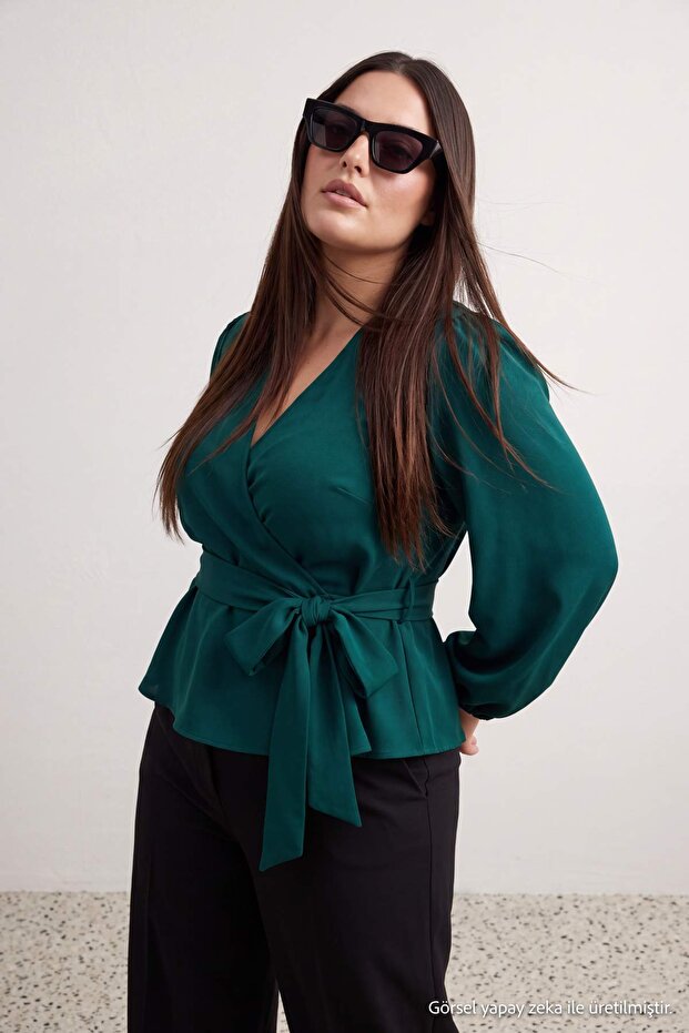 Emerald Green Double Breasted Tie Detail Plus Size Blouse Tbbaw27Af00007