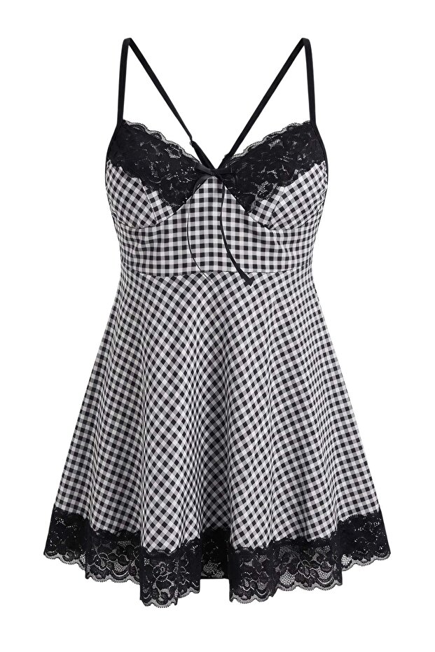 Black Thin Straps Plaid Pattern Satin Lace Detailed Fancy Nightgown/Babydoll Thmaw27Ll00028