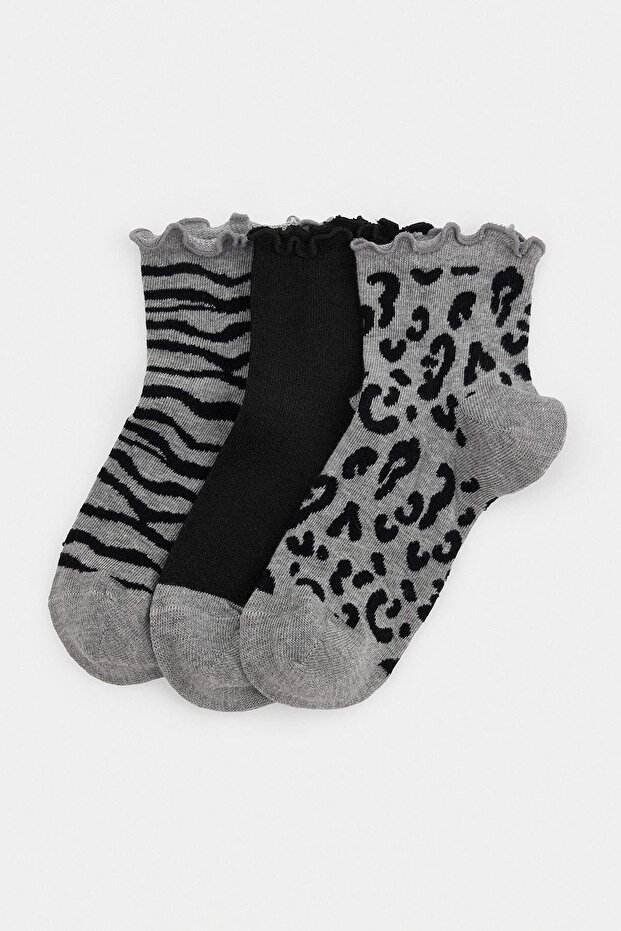 Black-Grey 3-Piece Cotton Blend Animal Jacquard Knitted Socks Thmaw27Co00018