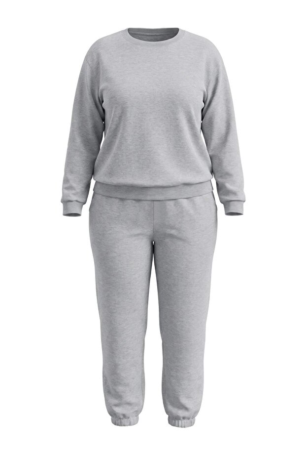 Gray Thick Inside Fleece Basic Knitted Large Size Tracksuit Set Tbbaw24Ts00000