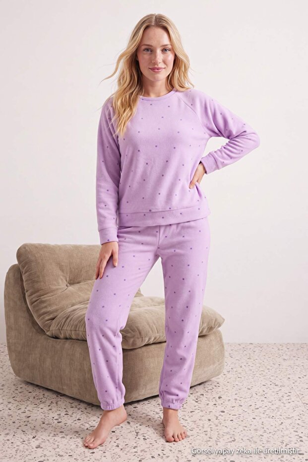 Lilac Polka Dot Fleece Winter Knitted Pajama Set Thmaw24Pt00032