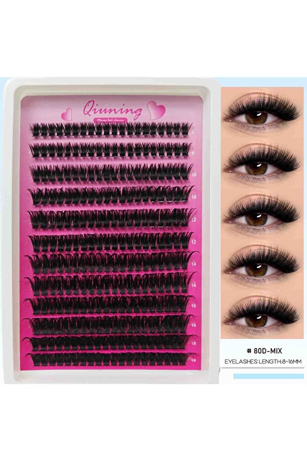 رموش كثيفة فردية من نوع QIUNING طراز QN-80D بسمك 0.07 مم، رموش عين القطة، رموش فردية خفيفة للتمديد، حجم كبير وناعم