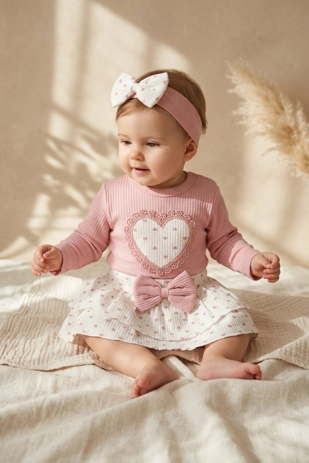Bella Heart Baby Girl Pink Heart Patterned 3-Piece Combination Set - Ribbed Long Sleeve Bodysuit, Layered Skirt and 1 Piece
