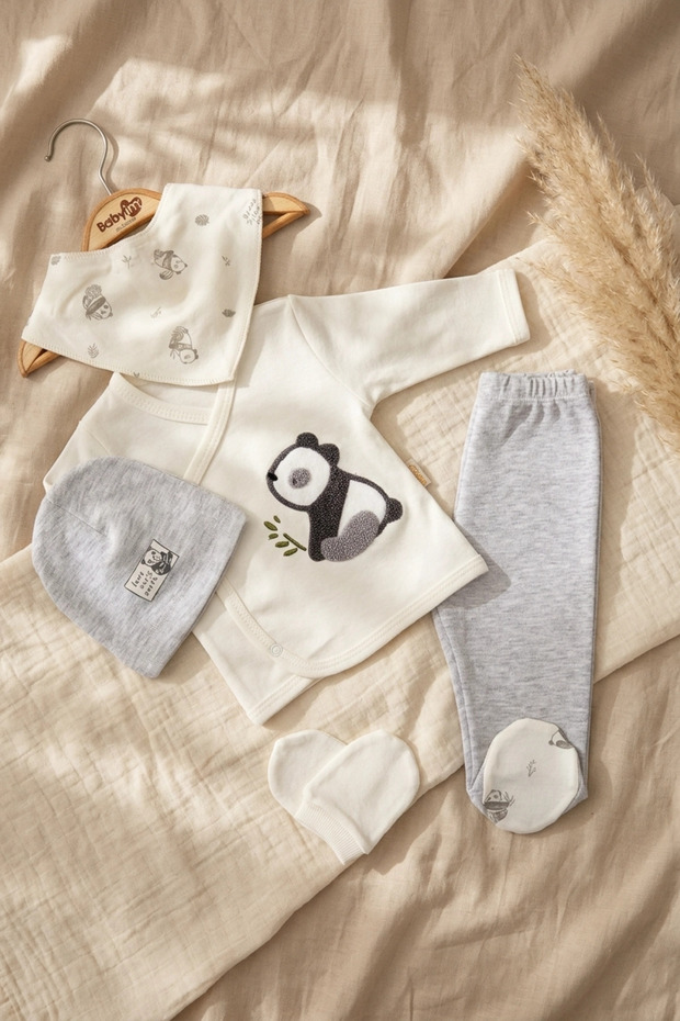 Babyim 5-Piece Panda Embroidered 100% Cotton Baby Hospital Discharge Set - Gray Melange & Ecru Newborn Set