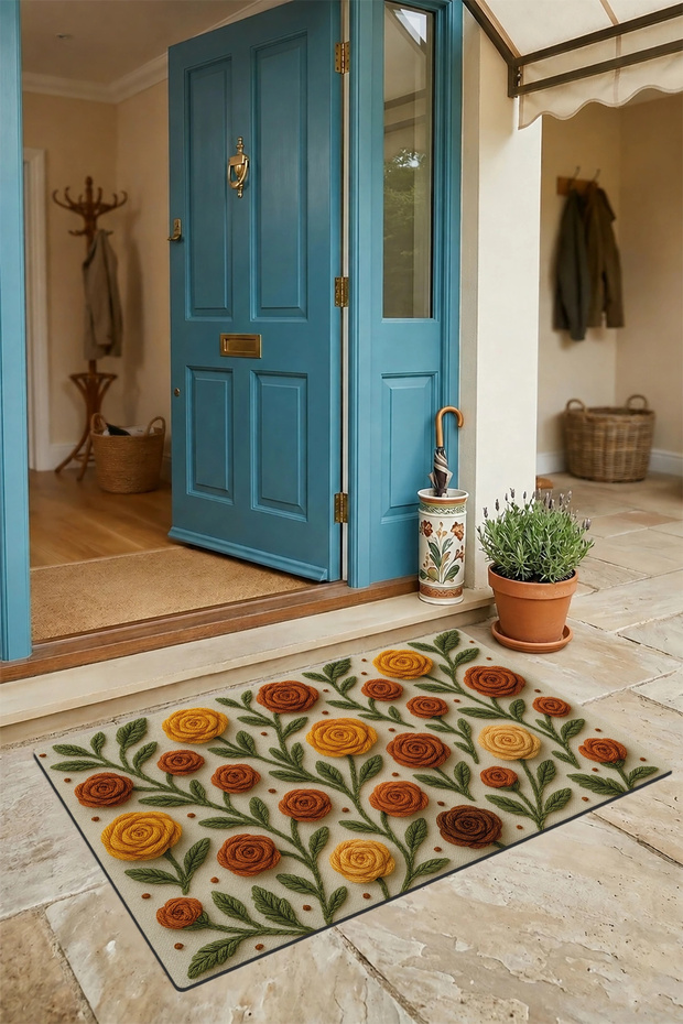 Warm Knots Embroidered Roses Themed Welcome Digital Printed Doormat 45X70Cm