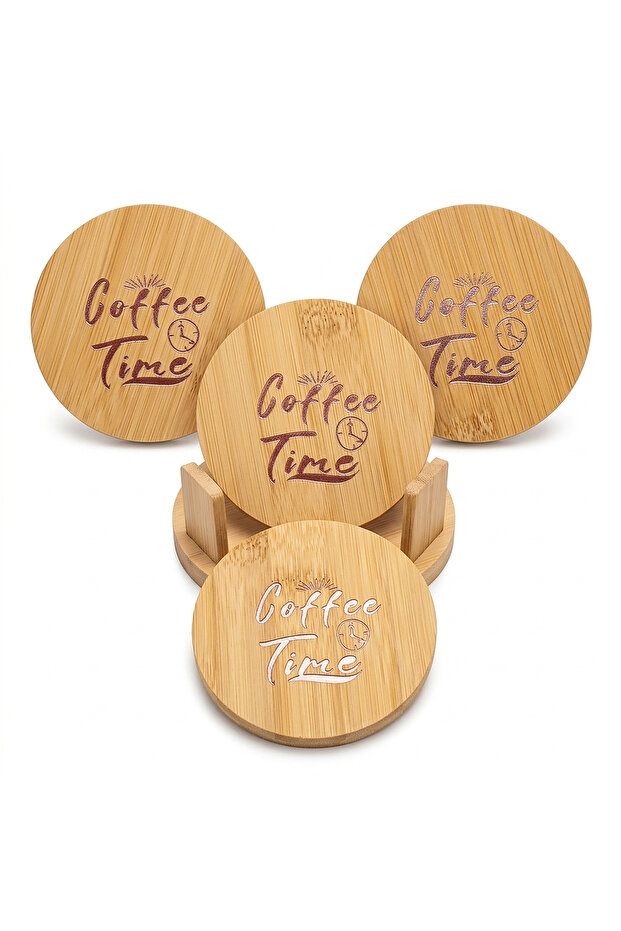World Heavy Duty 100% Eco-Friendly Natural Bamboo Coasters - Round - 4 Piece Coaster Set (Coffee Time)