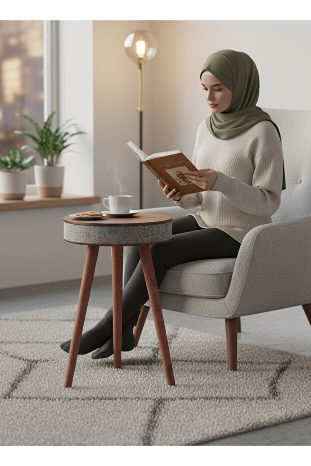 طاولة شحن مع مكبر صوت بلوتوث 360 درجة °   طاولة جانبية بصوت محيطي مع شحن لاسلكي 5 واط ومكبرات صوت مزدوجة 10 واط للمنزل