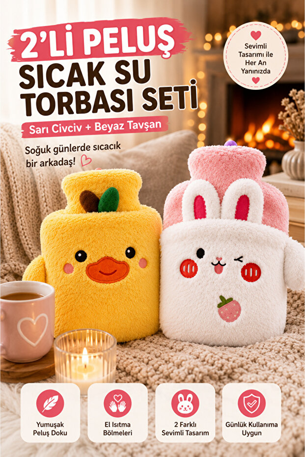 Set of 2 Plush Hot Water Bags with Chick & Rabbit Soft Covers Thermofor