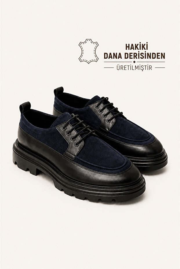 Men's Navy Blue Genuine Leather and Suede Lace-Up Thick Sole Casual Shoes – Colin