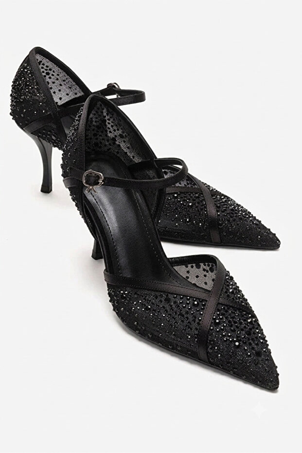 Satin Stone Detailed Mesh Women's Thin Heeled Evening Dress Shoes
